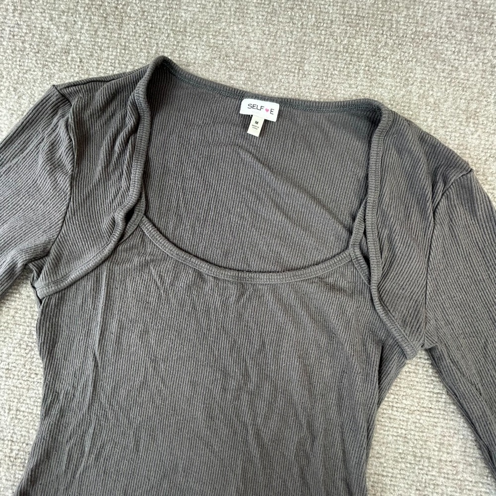 Selfie Leslie Bodysuit Womens Medium Charcoal Gray Rayon Stretch Scoop Neck